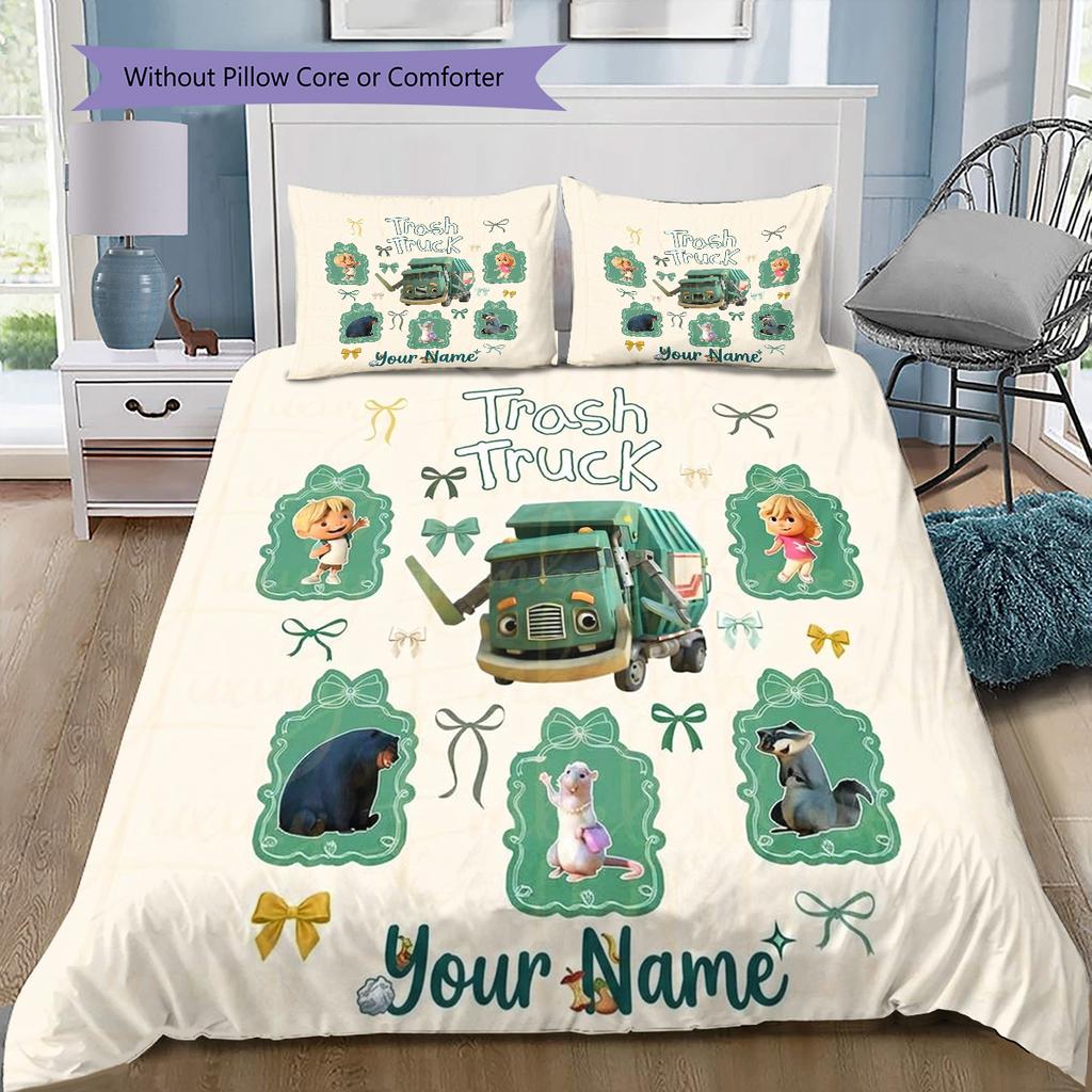 Müllwagen Abenteuer Individuelles Namensmuster Bettwäsche Steppdecke Set Bettbezug Kissenbezug Heim Geburtstagsgeschenk(1 Bettbezug + 2 Kissenbezüge, ohne Füllung)