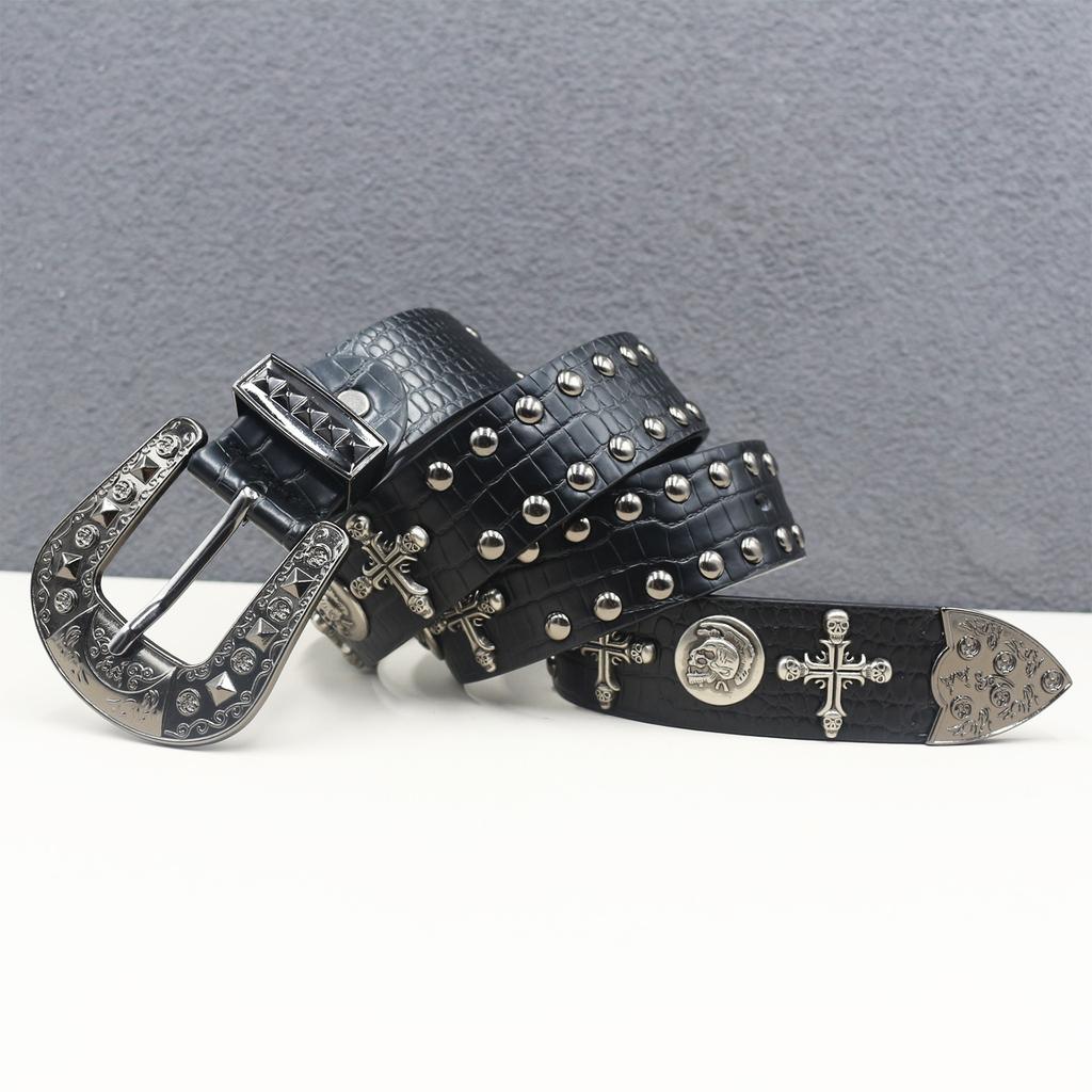Crocodile Pattern American Western Rivet Cross Skull Rivet Strap Punk Men's Belt Women