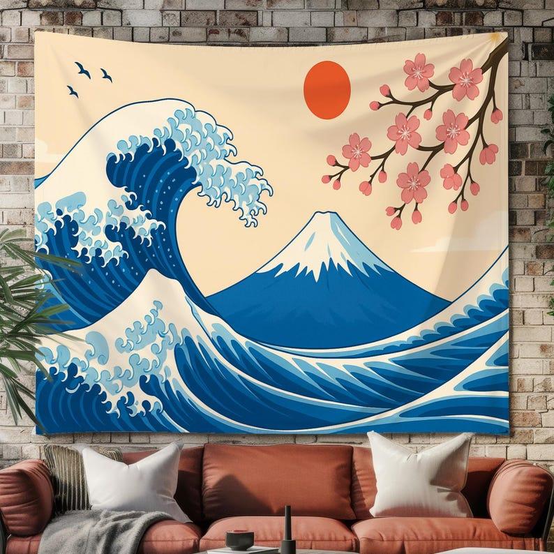 Japanese-style waves tapestry 75x100 чёрный