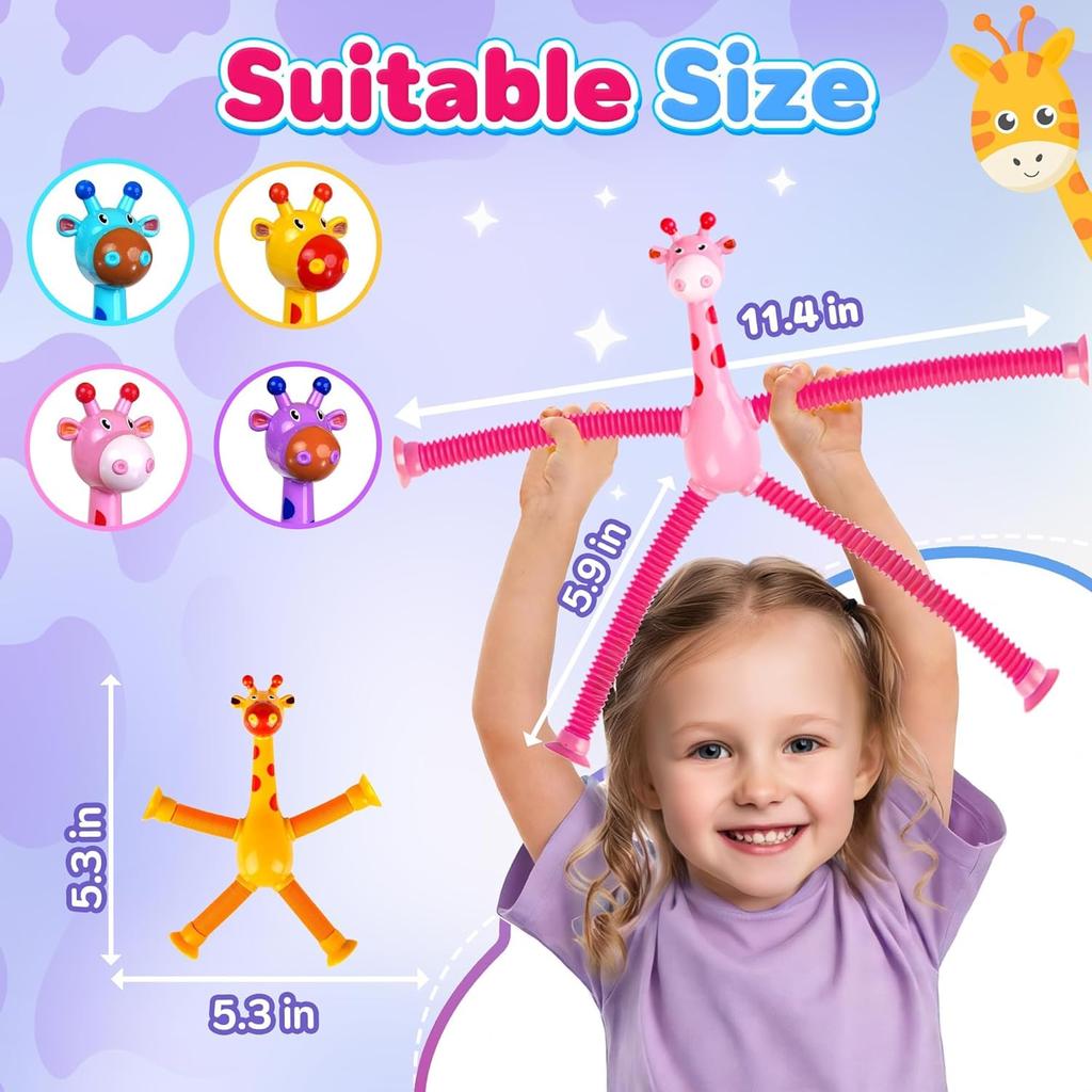 Giraffe Sensory Travel Toys 4Pcs Suction Airplane Autism Pop Tube Fidget Toys Autistic Easter Basket Stocking Stuffer Gift