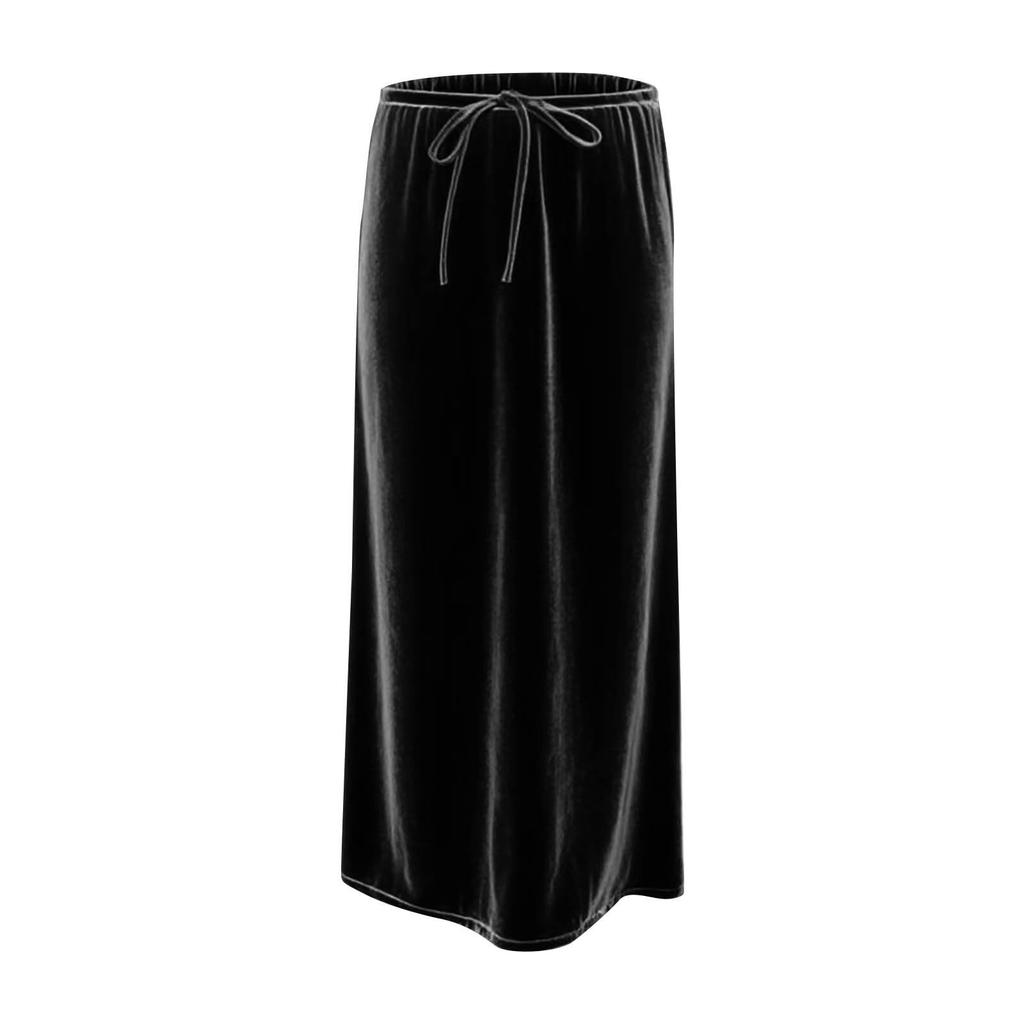 Womens Gold Velvet Maxi Skirts Fashion Solid Color Elastic Waist Loose Comfy A-Line Swing Midi Skirt Skort