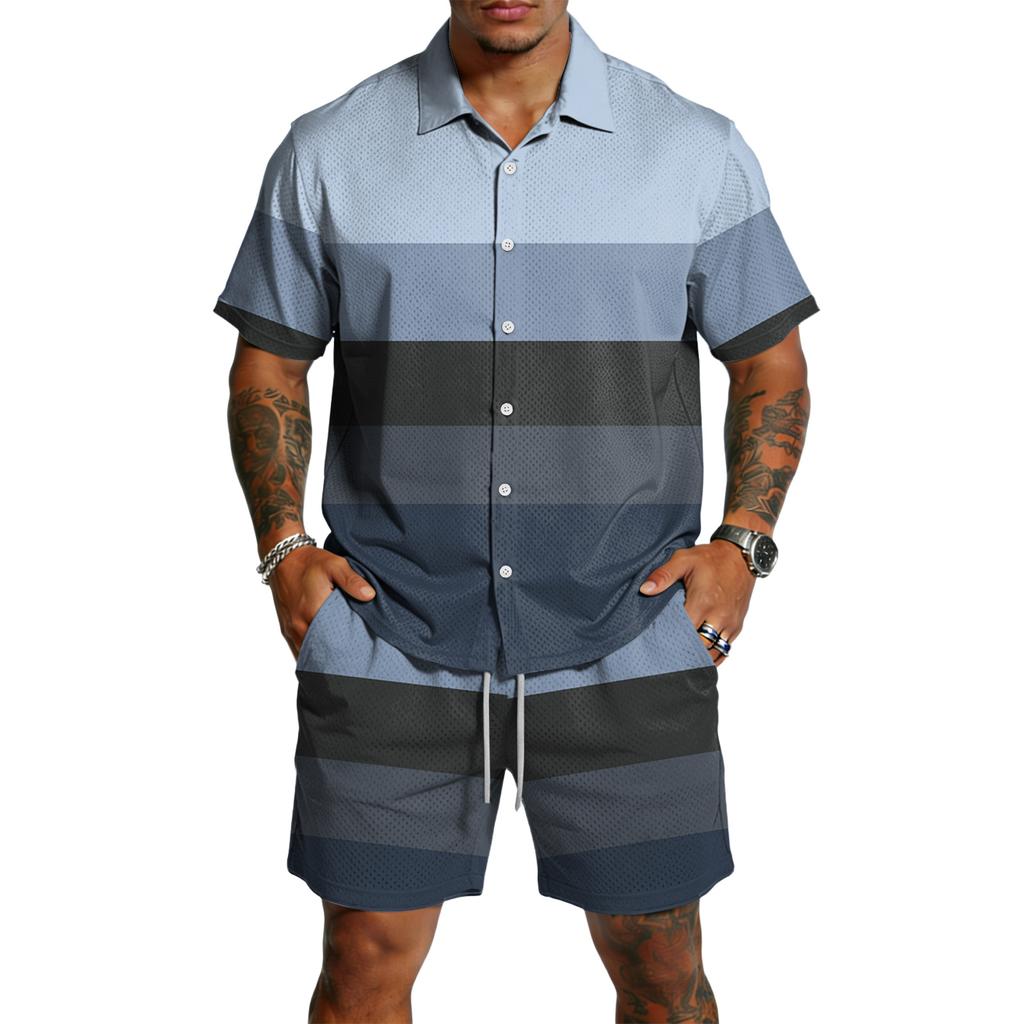 Herren Kurzarm Hemd mit Knöpfen und Shorts Set Lässiges Gestreiftes Zweiteiliges Outfit Entspannte Passform Sommerkleidung für Herren