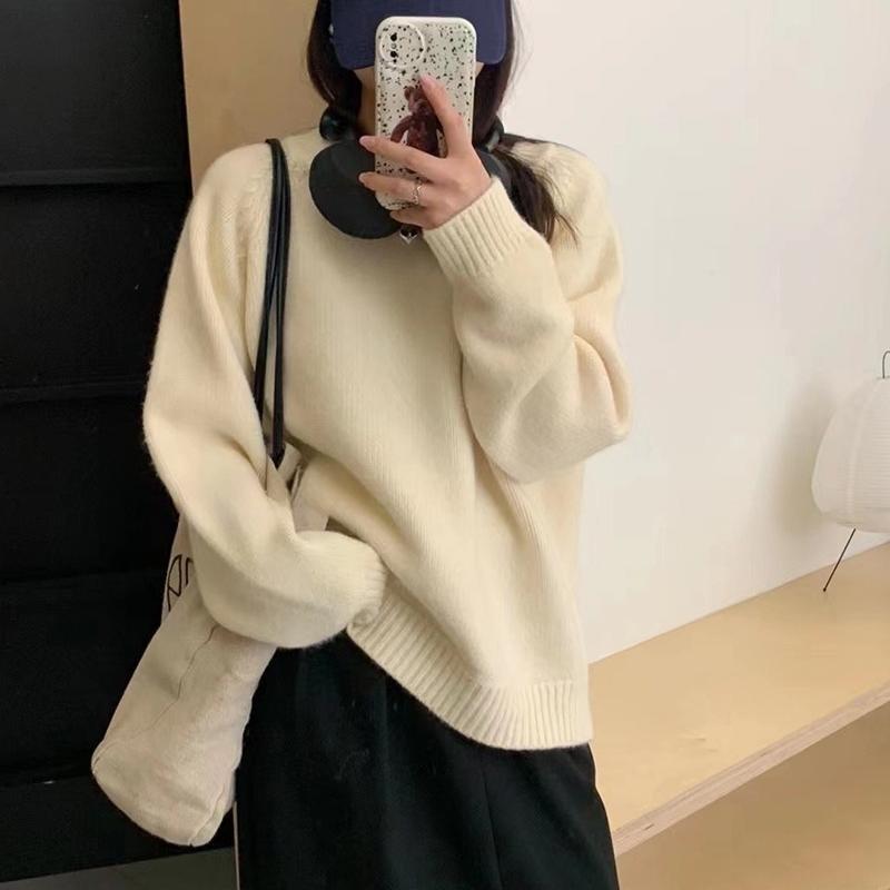 Chic Inner Loose and Thin Knitted Top Outer Wear Autumn and Winter Round Neck Leather Label Candy Color Pullover Sweater Women