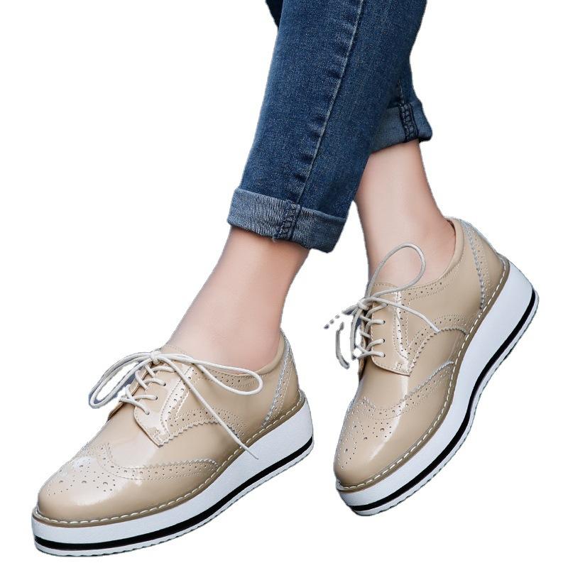 Large Size Wedge Heel Single Shoes Women's Brock Carved Leather Shoes College Style Lace-up Small Leather Shoes Leather Women's Shoes