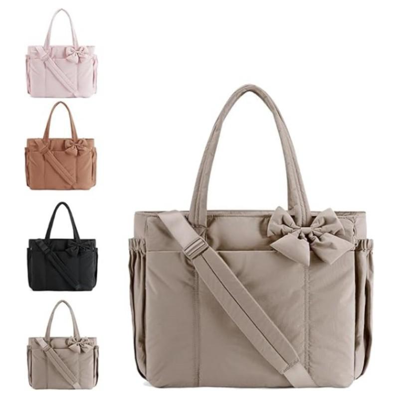 Puffer Tote Bag for Women – Large Capacity Quilted Shoulder Bag with Bowknot, Lightweight Travel Crossbody Tote Handbag less