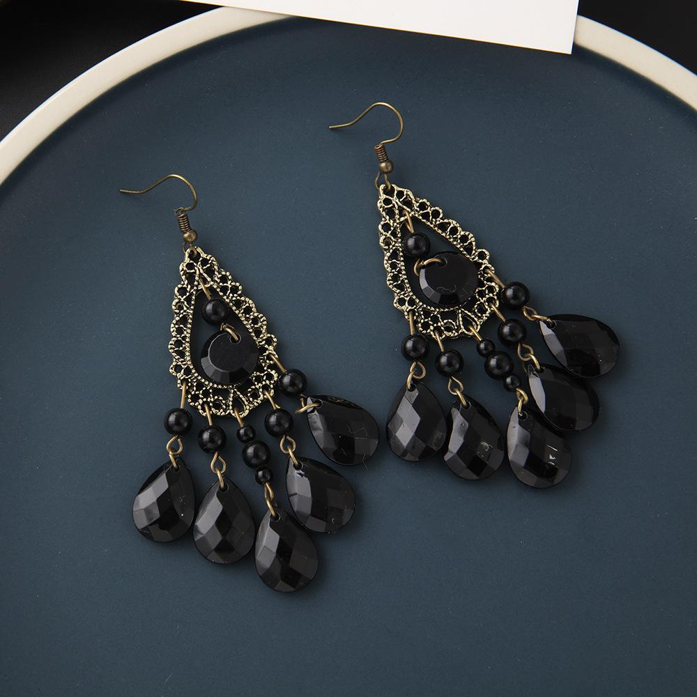 Peacock Feathers Shape Drop Earrings for Women Bohemian Trendy Black Acrylic Metal Long Tassel Dangle Earrings Retro Jewelry