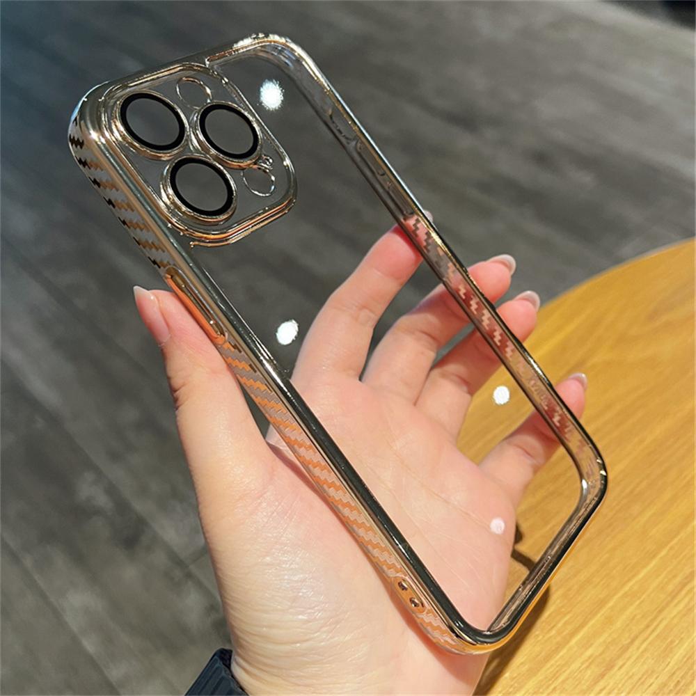 Carbon Fiber Frame Clear Phone Case For iPhone 15 14 13 12 11 Pro Max Plus Camera Lens Protection Shockproof Transparent Cover