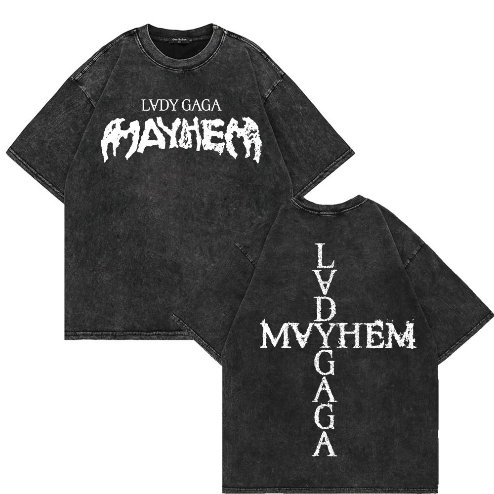 T-shirt Vintage Lavaggio Acido 100% Cotone Lady Gaga Mayhem T-shirt Estetica Moda Unisex Alta Qualità Retro T-shirt Lavaggio Minerale