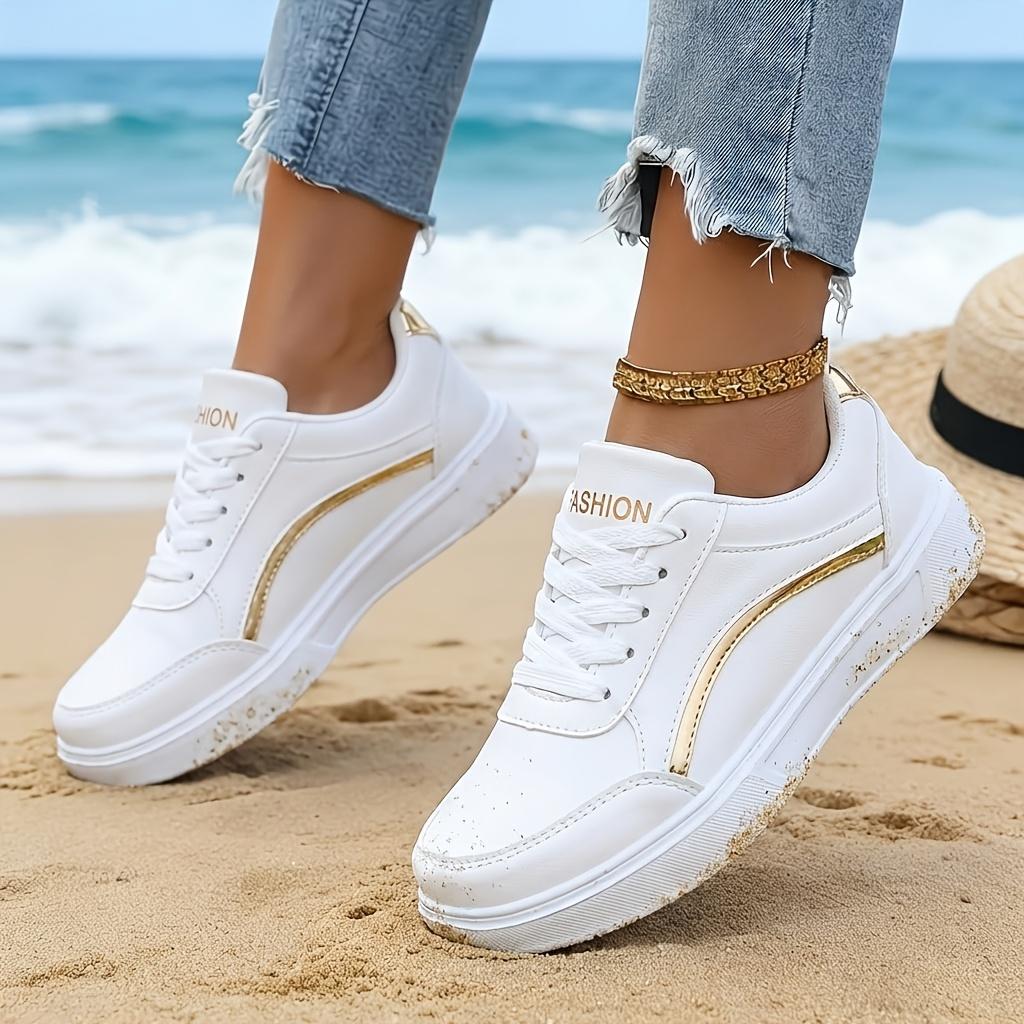 Women Gold Line Platform Skate Shoes 2026 New Fashion Lace Up White Black Casual Sneakers Ladies Soft Leather Lightweight Non Slip Walking