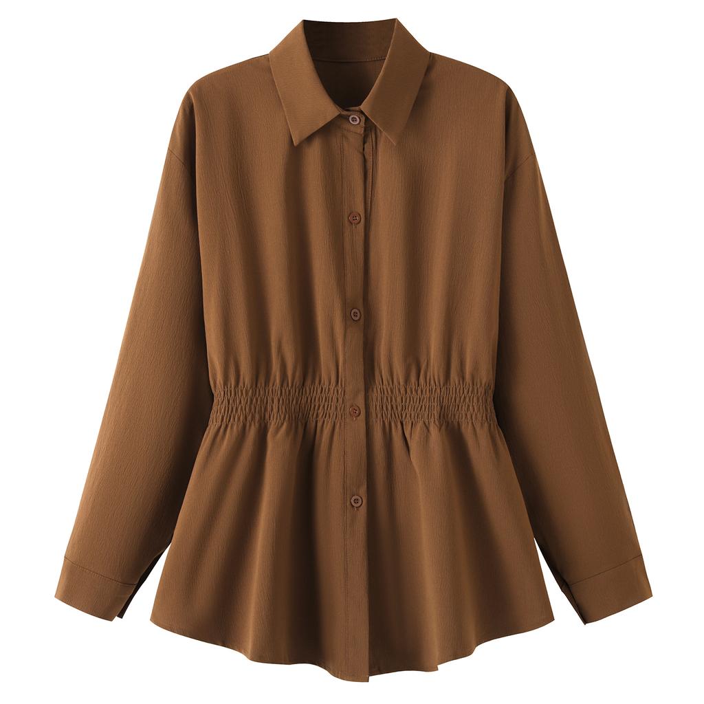 Women's Plus Size Blouse Korean Style Spring Autumn Loose Elegant Casual Mid-length Tops Long Sleeved Waist Cinching Shirts