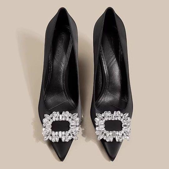 Nude celebrity patent leather temperament commuter shoes new French rhinestone square buckle versatile high heels women