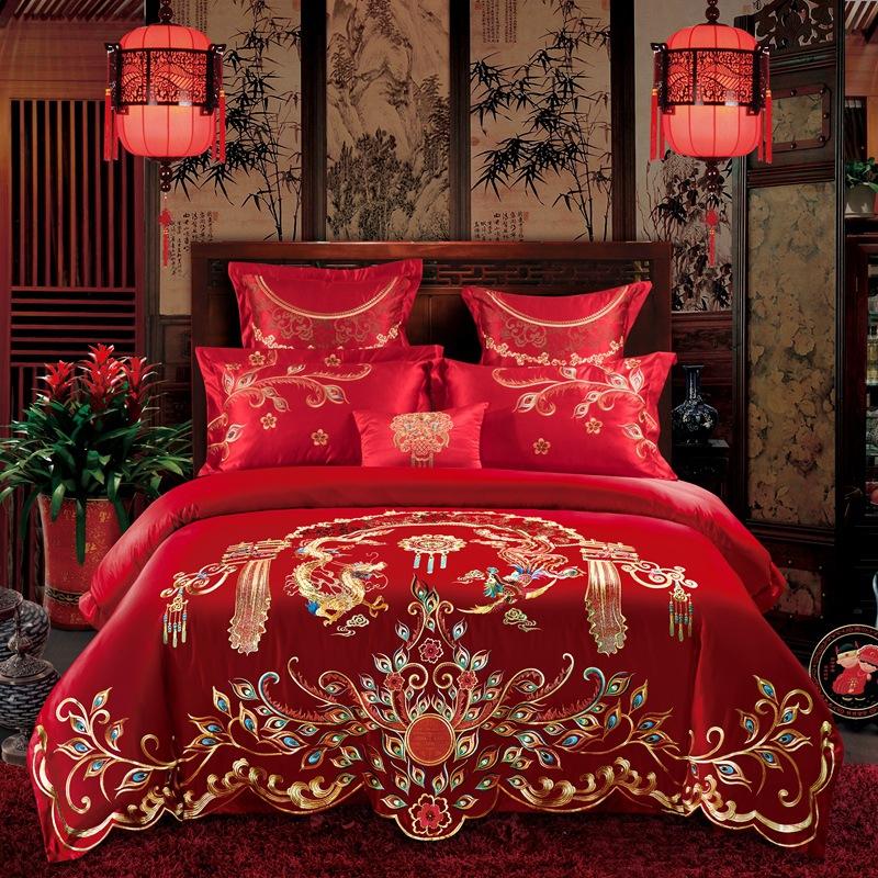 Vierteiliges Hochzeitsset aus Baumwolle, mehrteiliges Set aus reiner Baumwolle, verdickt, gebürstet, chinesische Hochzeit, Schwerindustrie, Stickerei, Hochzeitsset