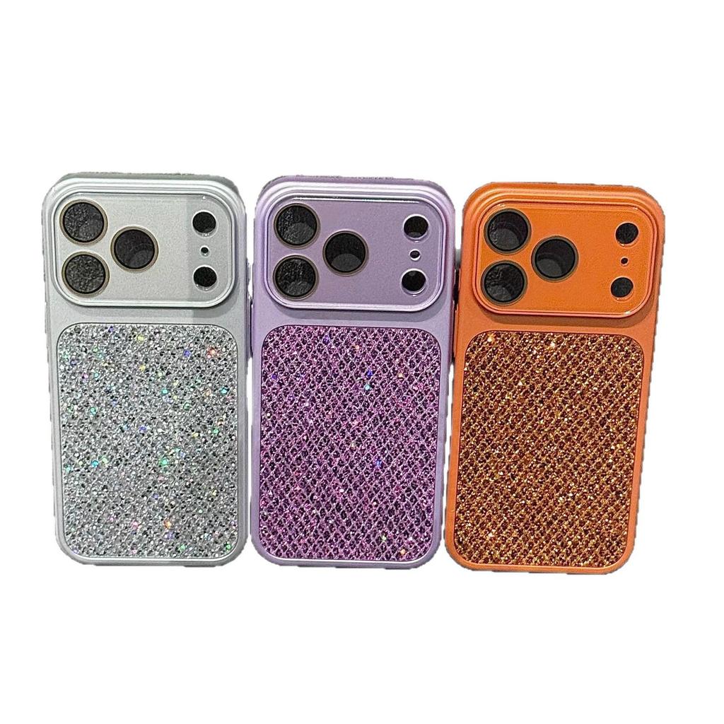 Diamond Quilted Sequin Phone Case for iPhone 16/15 Pro Max with Lens Film and Large Window