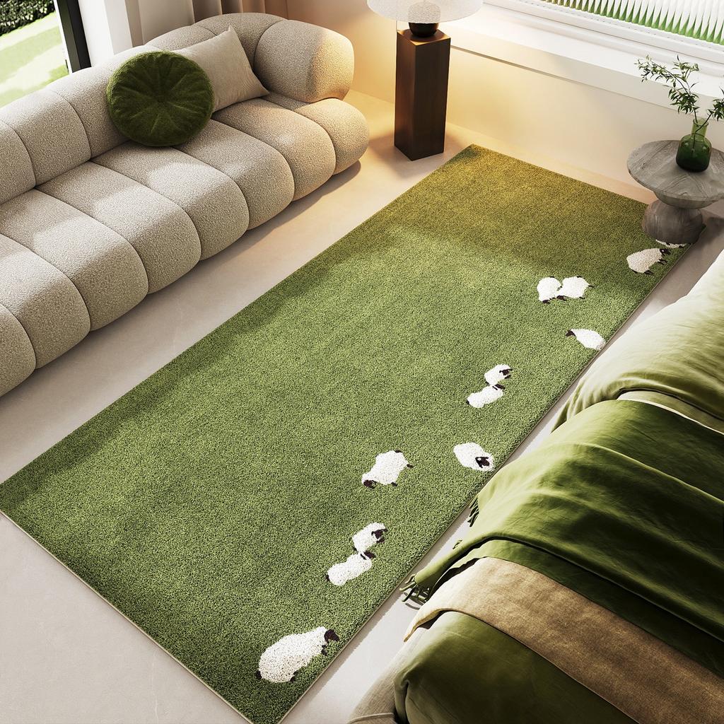 Carpet for Bedroom Non-slip Soft Dirt-resistant Bedside Floor Mat Green Lamb Pattern Rug Long Size Room Layout Decoration Mats