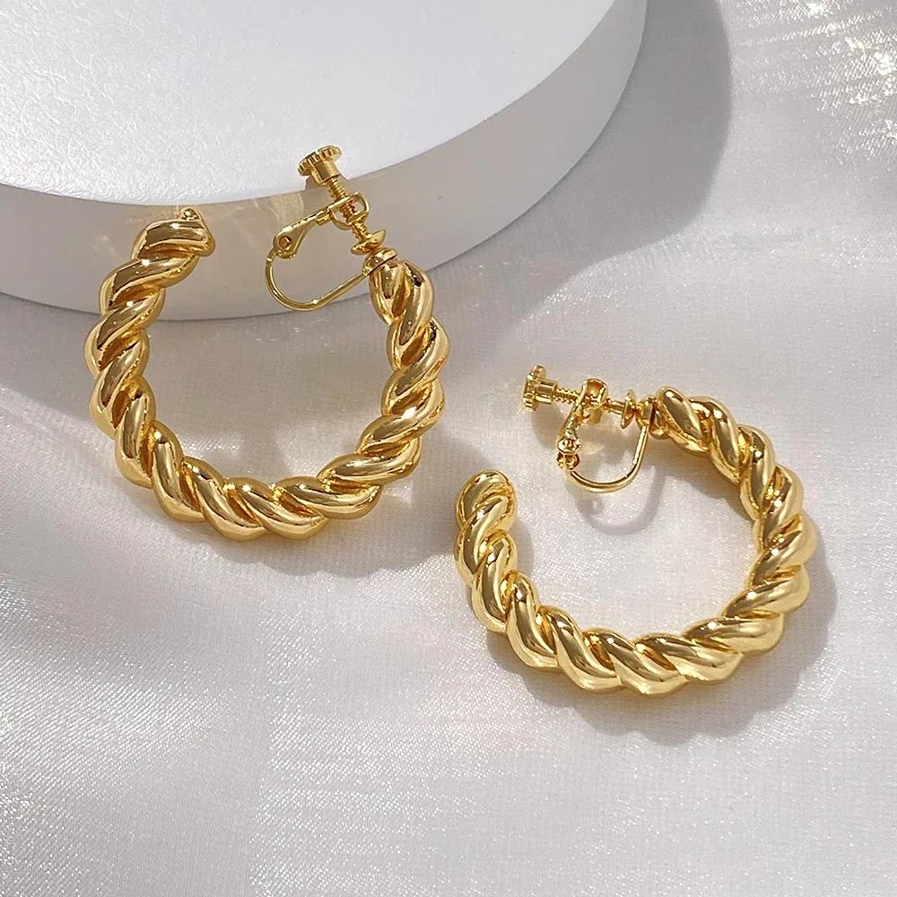 Vintage Oversize Chunky Round Circle Clip Earring for Women C Shape Tube Thick Without Pierced Hoop Earclips Jewelry Trendy