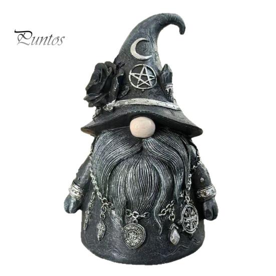 Crystal Stone Ornament Wizard Hat Faceless Gnome Figurine, Mystical Home Decor Statue with Crescent Pentagram Black Rose Witch-themed Display