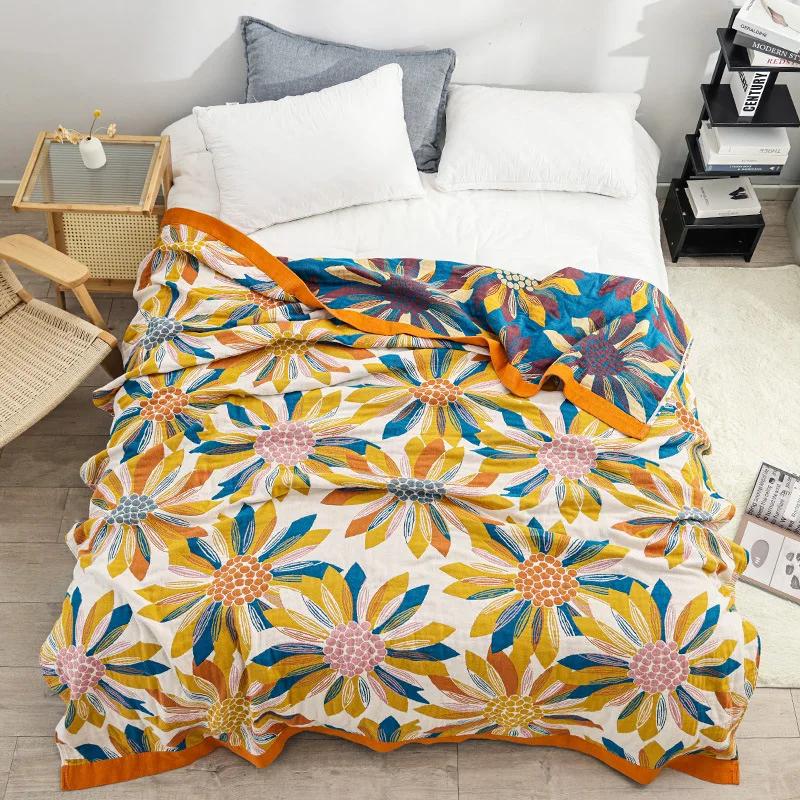 Nordic Flowers Throw Blankets For Beds Cotton Gauze Sofa Cover Summer Cool Quilt Leisure Blanket Soft Double bed spread Sheet