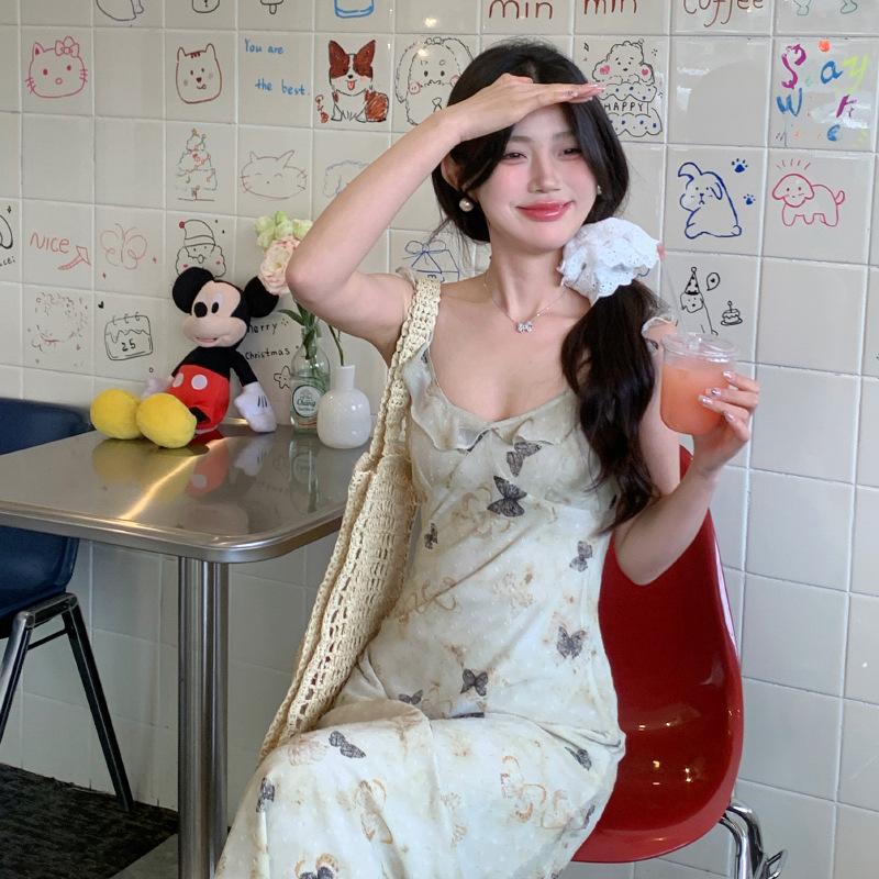 Butterfly print lotus leaf edge v-neck suspender dress women's summer seaside vacation wind waist a word hip long skirt