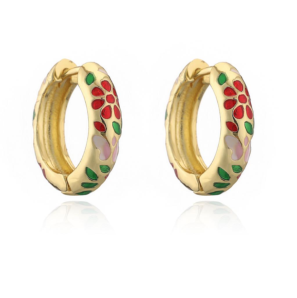 HECHENG, Enamel Dripping Oil Bohemian Style Colorful Flower Pattern Golden Earrings Neutral Women's Zircon Gift 1 Pair