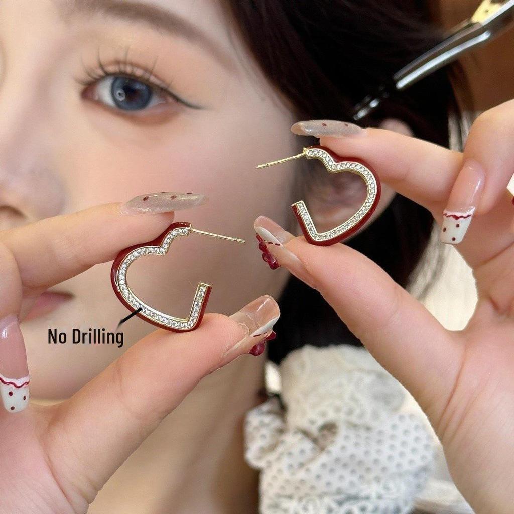 Ankola Red Heart Earrings: Luxury Wine Red French Design for Women