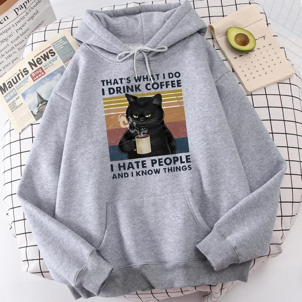 Women's Fashion Hoodie High Quality Cat Drinking Coffee Printed Hoodie Autumn Winter Fashion Casual Daily Harajuku Women Hoodie