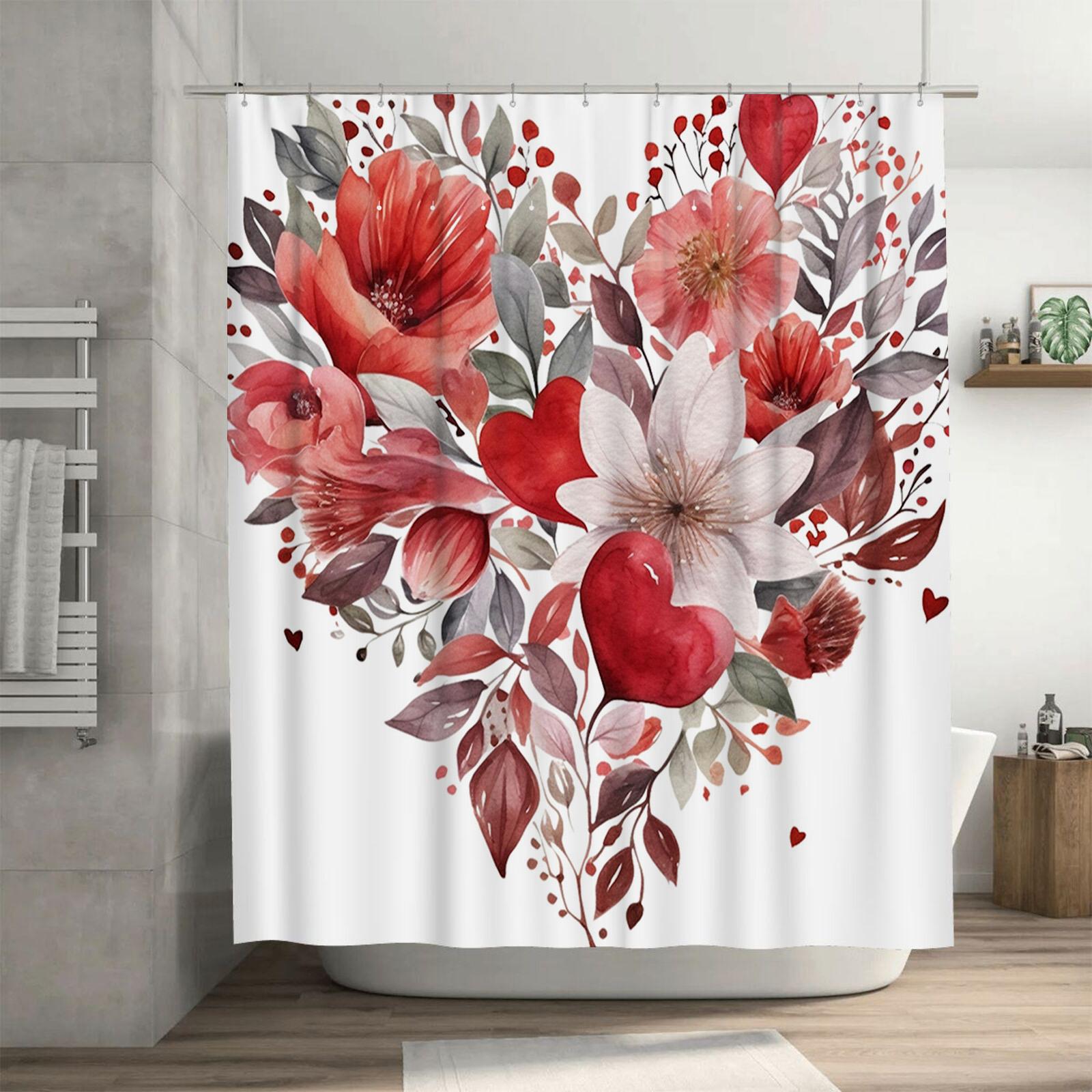 Романтичная Красная Цветочная Сердечная Занавеска для Душа - Водонепроницаемая, Устойчивая к Плесени, Машинная Стирка для Элегантного Декора Ванной 90X180cm(35x70in)