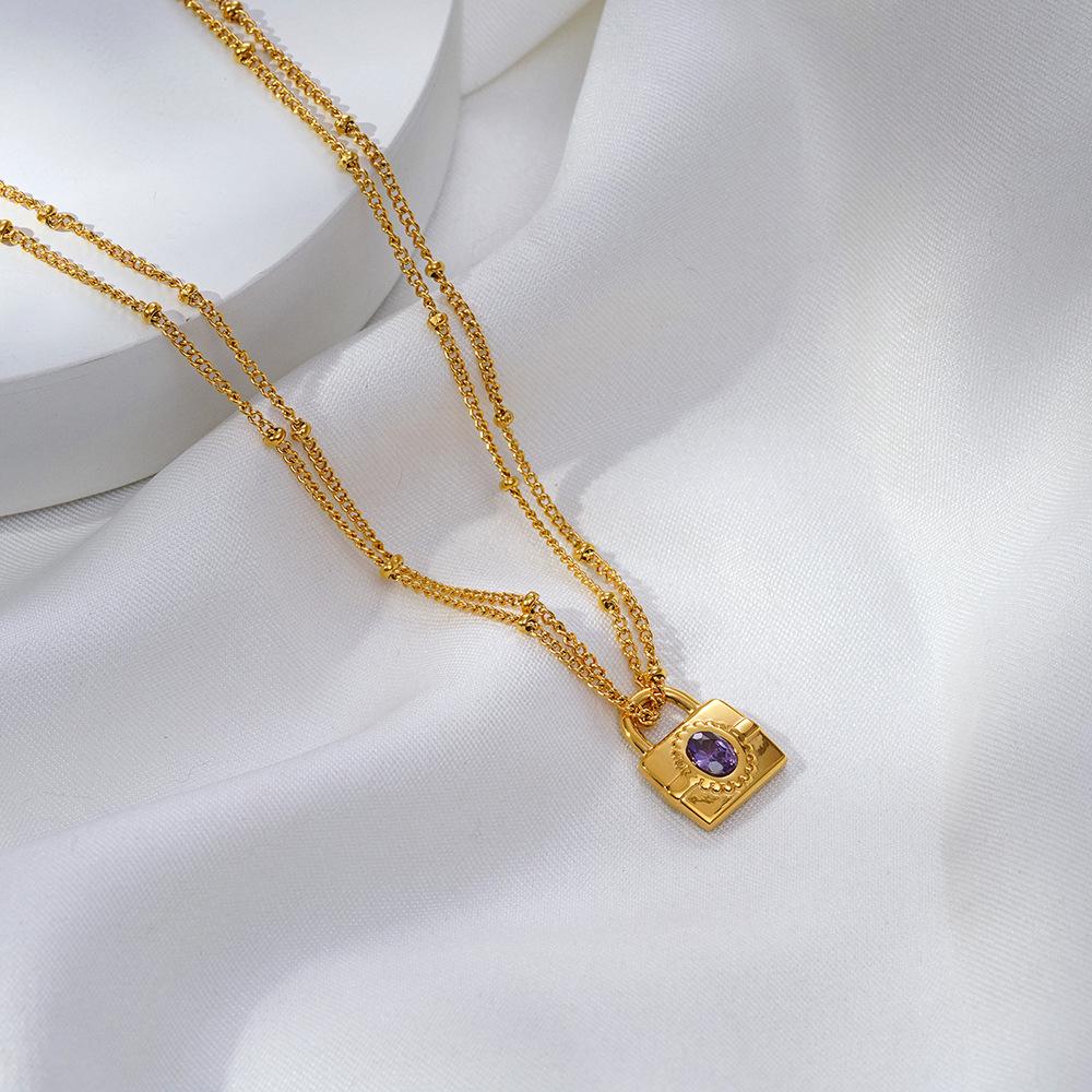 Minimalist Purple Diamond Padlock Pendant Necklace - Stainless Steel Double-Layer Clavicle Chain for Women