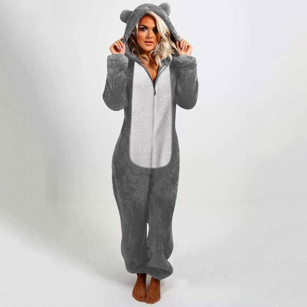Women's Fashion Fleece-Lined Thickened Fleece Hooded Pyjamas With Zip-Up Onesie
