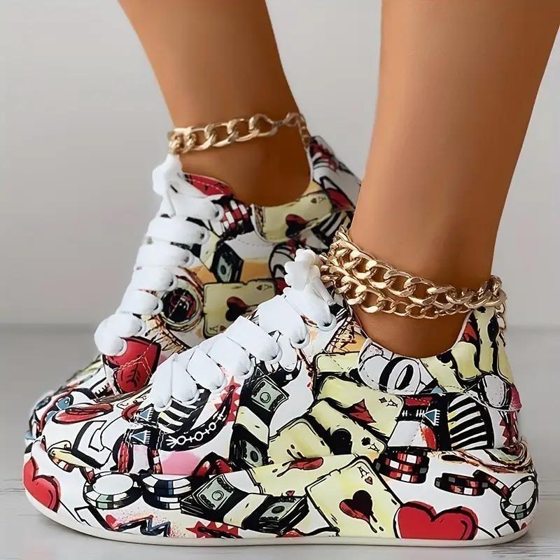 Damen-, Niedrig geschnitten, Freizeitschuhe, Graffiti-Druck, Sportschuhe, Schnürschuhe, Dicksohlig, Board-Schuhe
