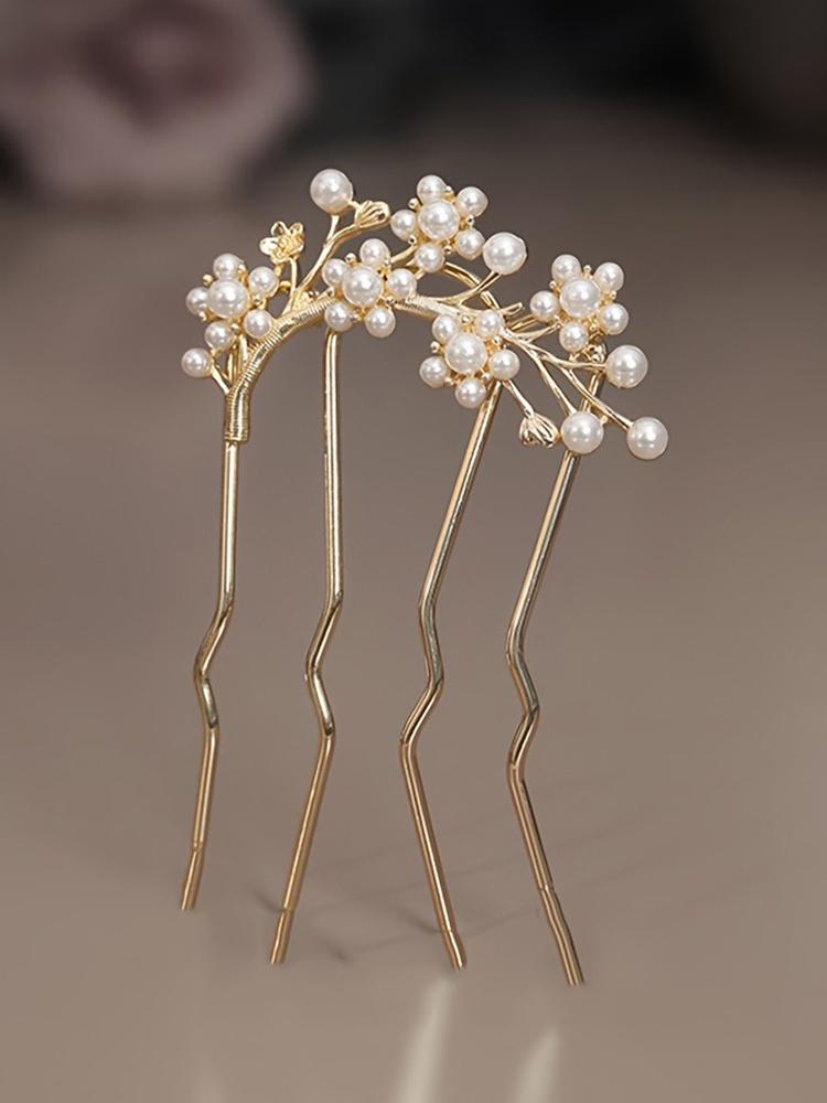 French Retro Hairpin with Pearl Flower Elegant Hairpin for Women, Daily U-shaped Hairpin for Women, Alloy Hairpin for Women