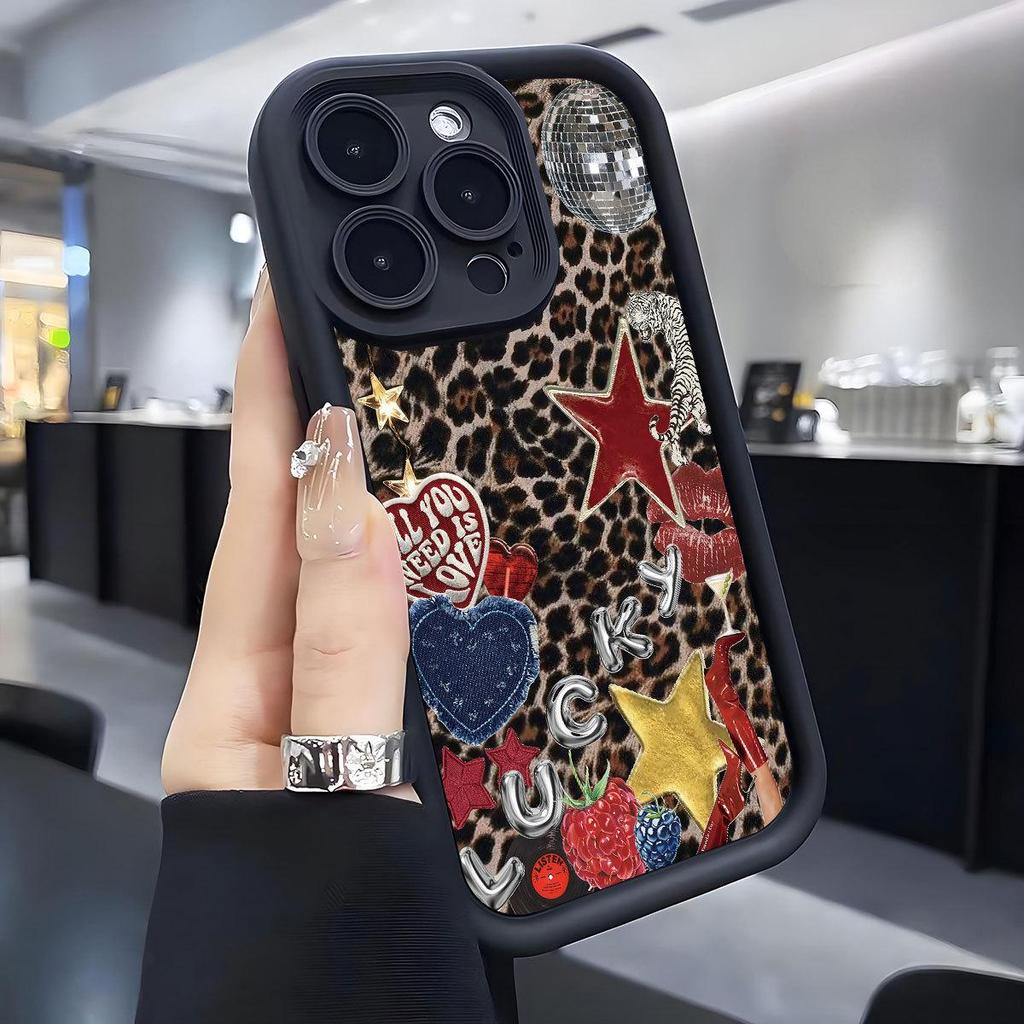 Leopard Print Star Groove Black Phone Case for iPhone 15/16/17 Pro Max.