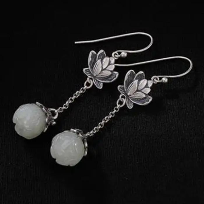 Original Natural Hetian White Jade Lotus Long Earrings Chinese Retro Light Luxury Charm Women's Brand Jewelry