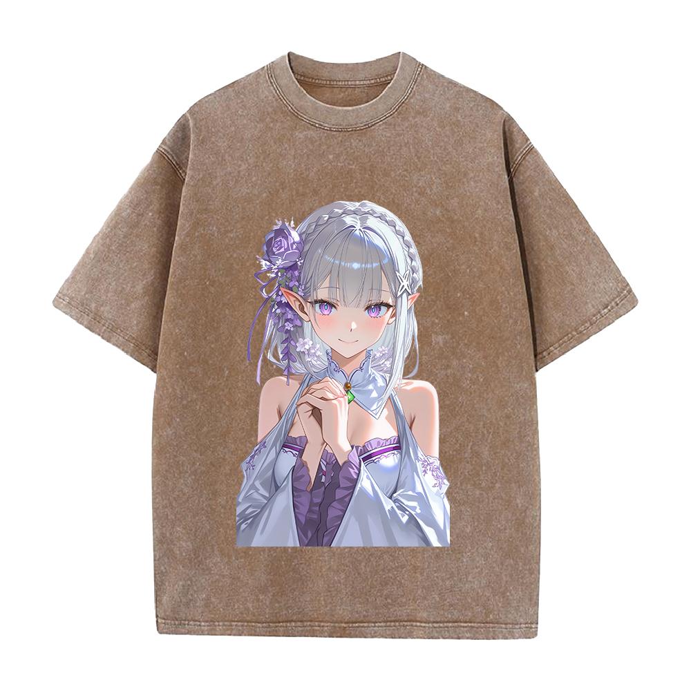 Re ZERO Starting Life In Another World Emilia Printed Tee Men Women Washed Cotton T-shirts Retro T Shirt Harajuku Unisex Tshirt