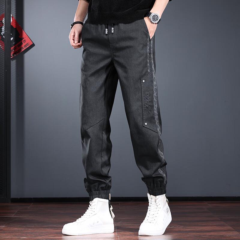Jie Leinuo Men's 2025 Autumn American Style Loose Fit Jogger Cargo Pants with Leopard Print Patchwork