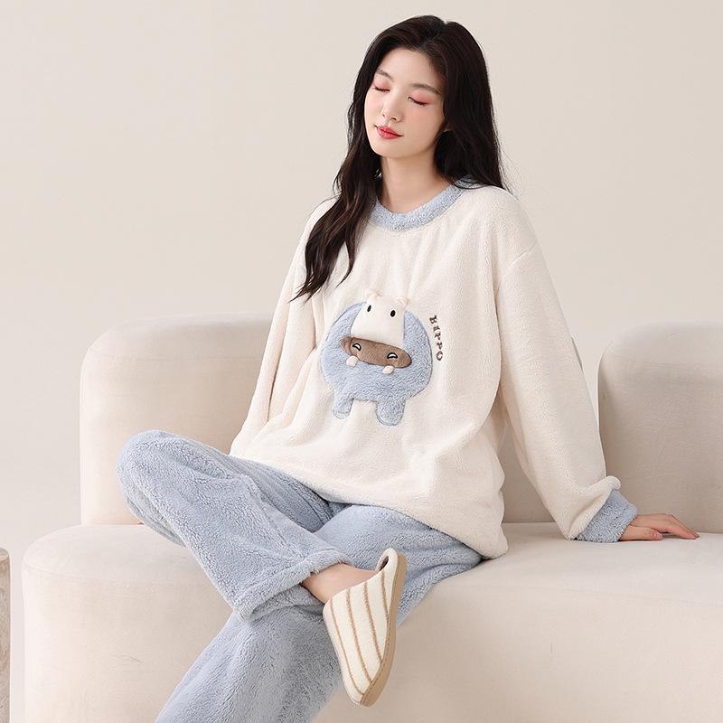 Snowflake Fleece Couple Pajamas Winter Women'S Fleece Thickened Autumn And Winter Coral Fleece Men'S Loungewear Set