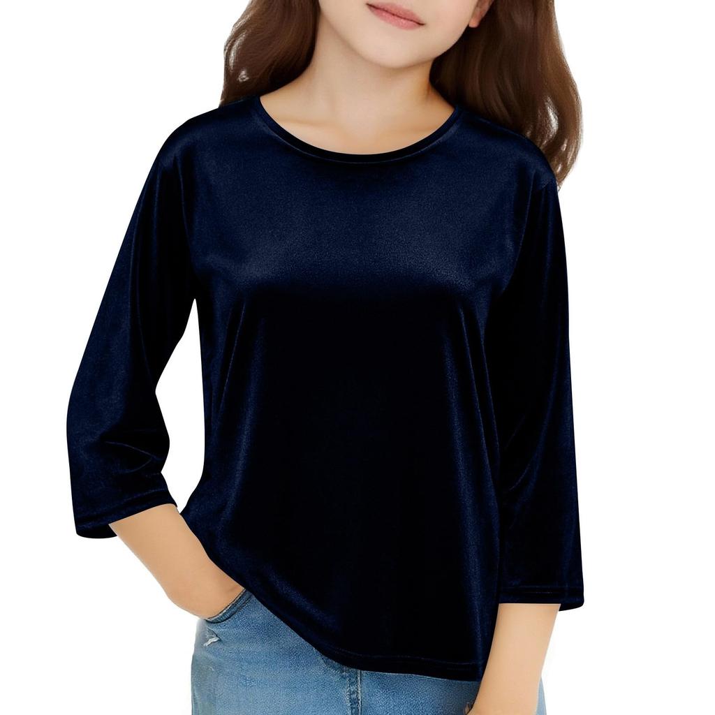 Girls Velvet Tops 3/4 Sleeve T-Shirts Velour Tees Shirts Color Basic Tshirts For Kids
