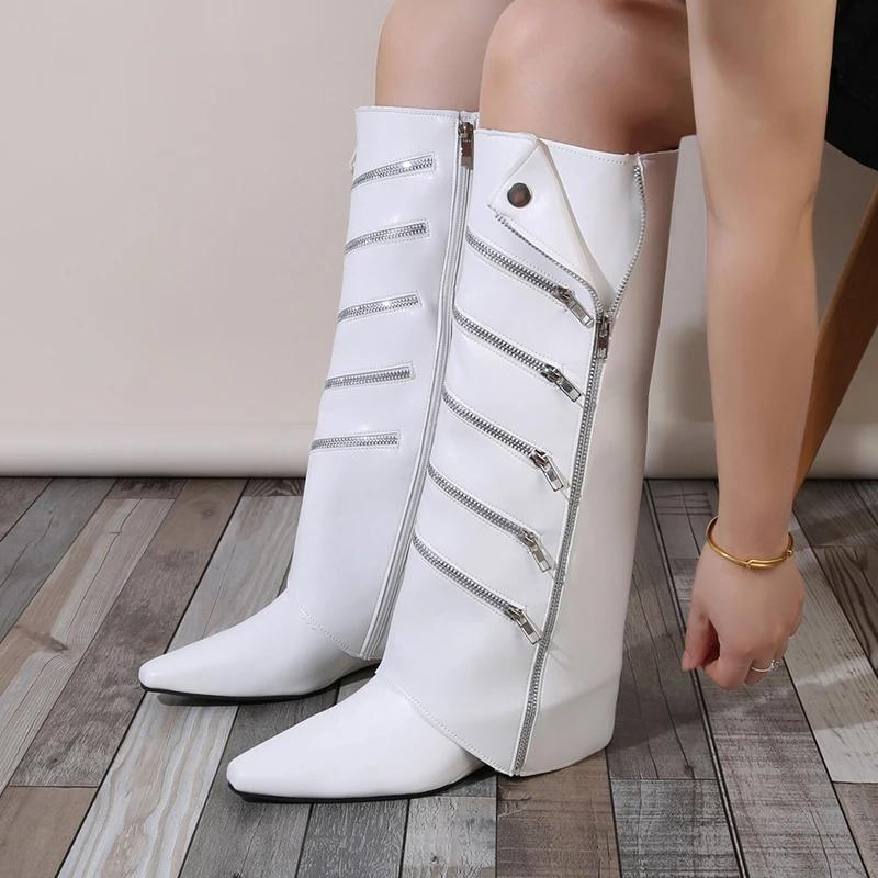Mode Bottes Hautes Mode Bout Pointu Vêtements d'Extérieur Fermeture Éclair Latérale Antidérapantes Résistantes à l'Usure Compensées Bottes Cuisardes Mi-Cuisse