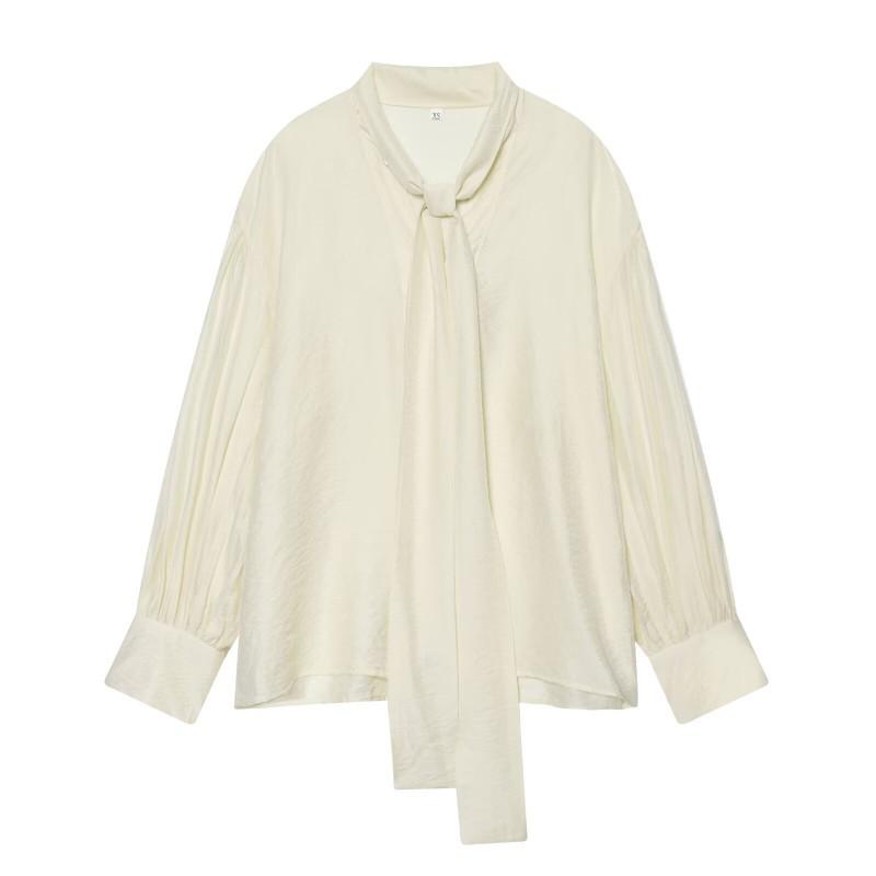 Womens Solid Color Long Sleeve Blouse With Bow Tie Collar Loose Fit Office Casual Shirt