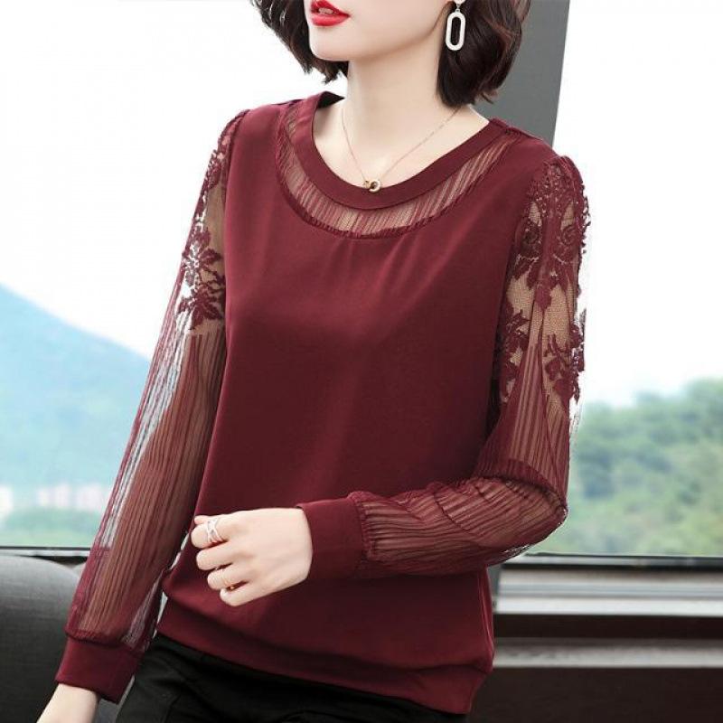 Long Sleeve Shirt Women Spring Loose Middle Age Mom Round Neck Base Layer Lace Blouse