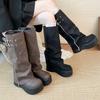 Fashion Retro Wide Tube Boot Women's Personality Small Size Long Boot Thick Bottom Heightening Fat MM Knight Boot PU Material Round Toe