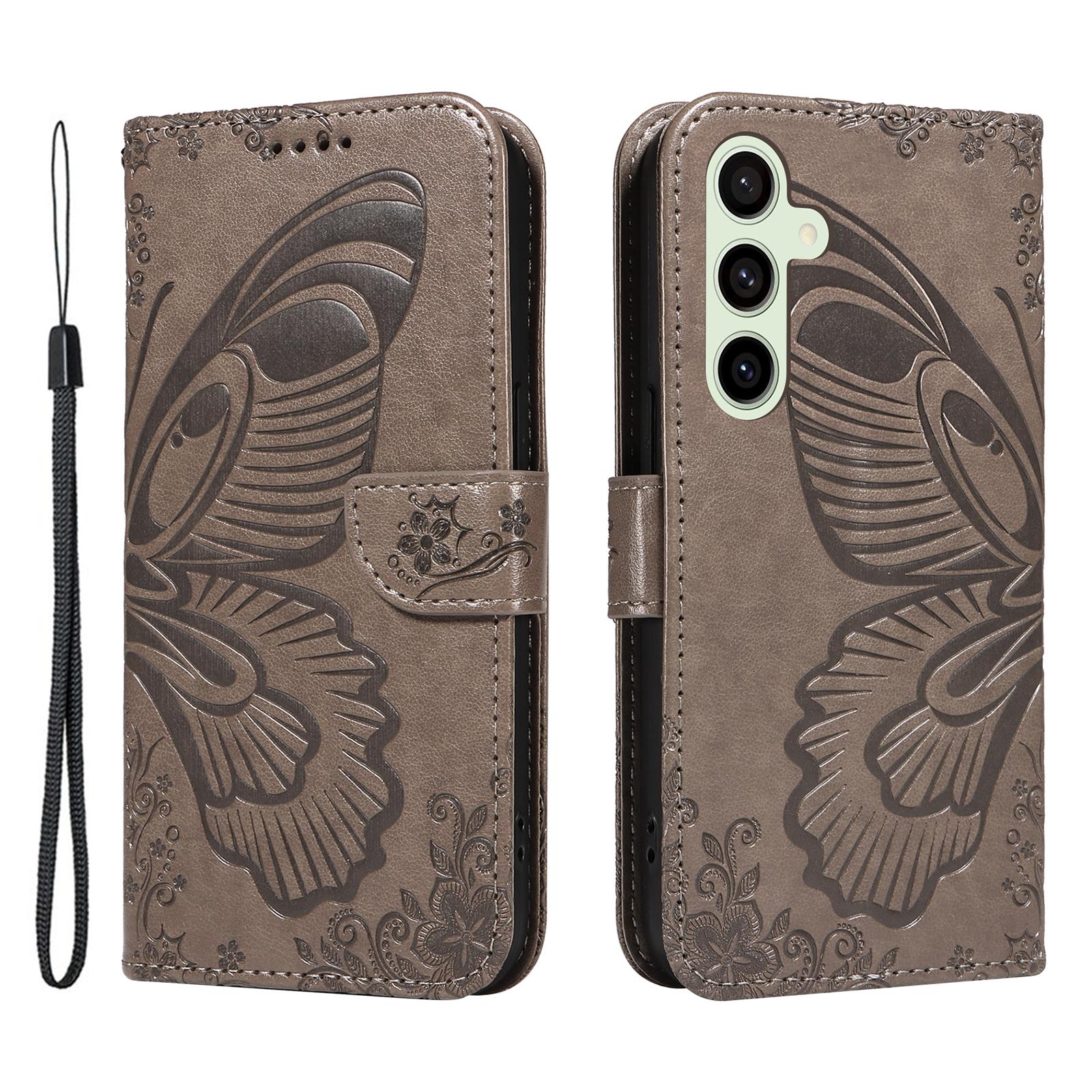 

For Samsung Galaxy S24 FE Case Stand PU Leather Wallet Phone Cover Butterfly Pattern Grey