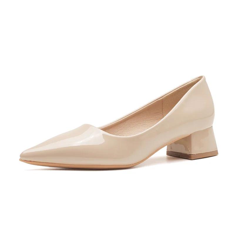 Women Pumps Pointy Chunky Heels  Summer Fashion Shallow Thick Heel Soft Sexy Patent Leather Slip on Nude Casual Party Shoes