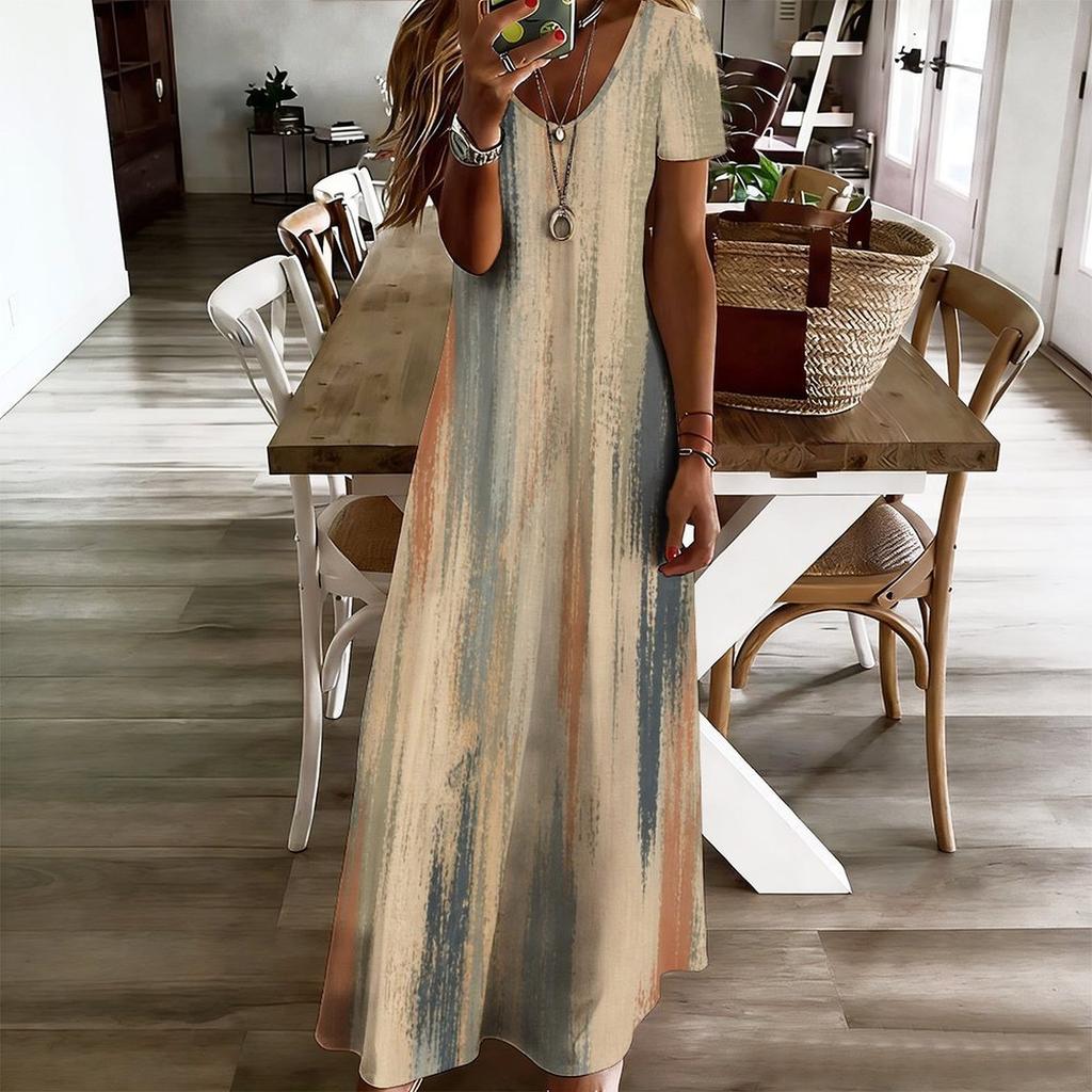Women Plus Size V Neck Short Sleeve Printed Straight Maxi Dress
