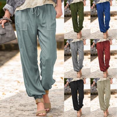 Women's Solid Color Stretch Leggings Loose Drawstring Summer Beach Travel Vacation With Pocket Casual Pants