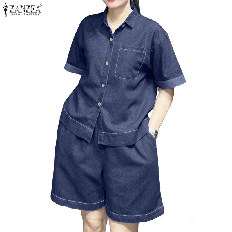 ZANZEA Kadın Kısa Kollu Bluz ve Şort Rahat İki Parça Takım Elbise Setleri