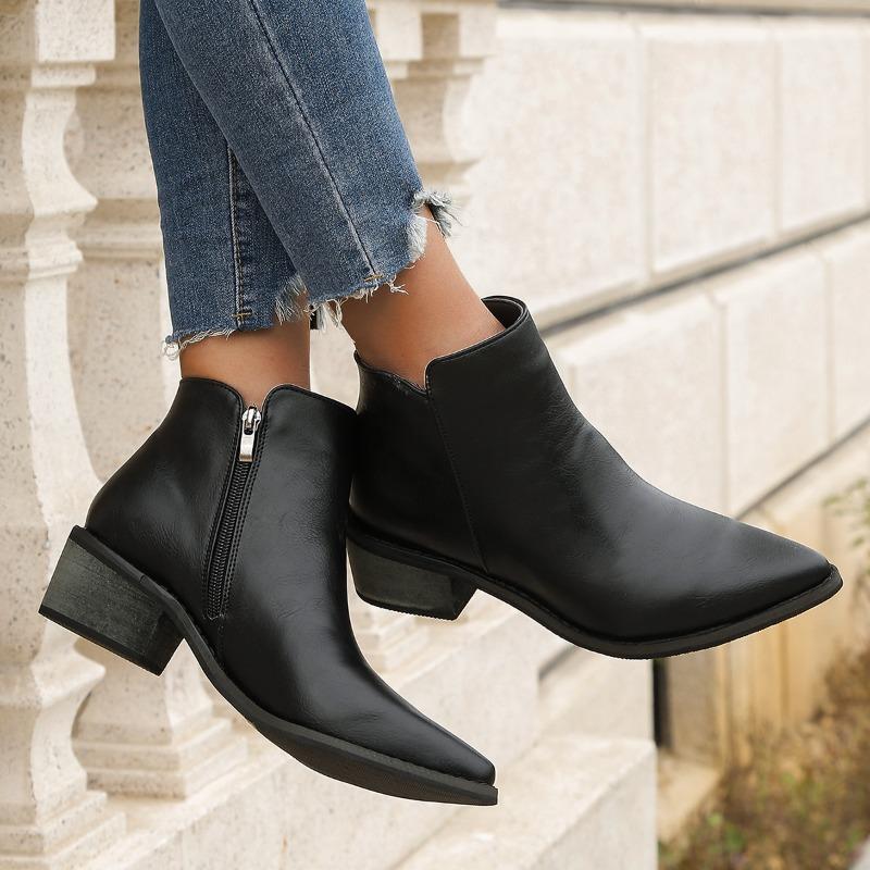 Autumn Women Ankle Boots Retro Style Pointed Toe Boots Solid Short Barrel Chunky Heel Western Boots Botines Mujer