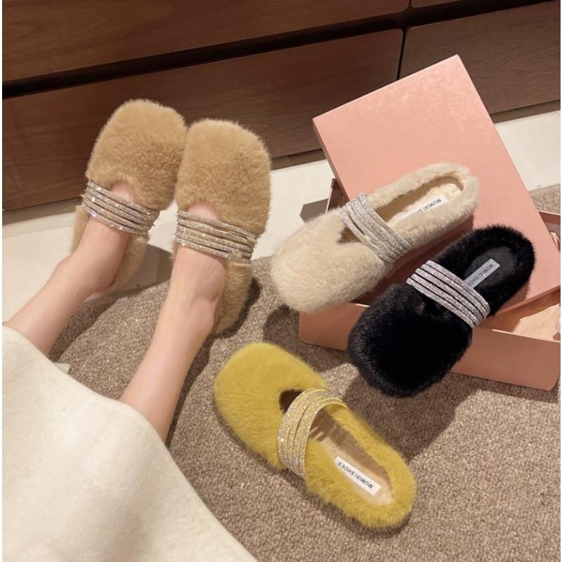 Fashion Winter Fashion Shining Rhinestone Women Fur Slippers Fluffy Fur Outward Soft Flat Shoes Elegant Women's Party Dress Mule Shoes