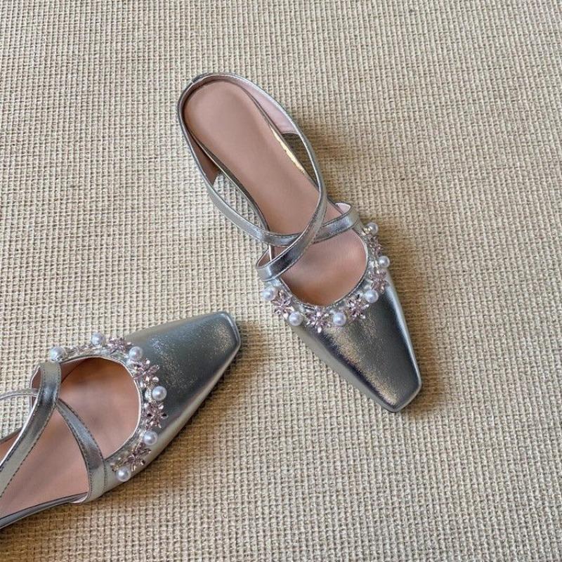 Fashion New French-style Pearl Cross-strap Baotou Half Slippers Square Toe Shallow Mouth Heightened Temperament Sandals and Slippers