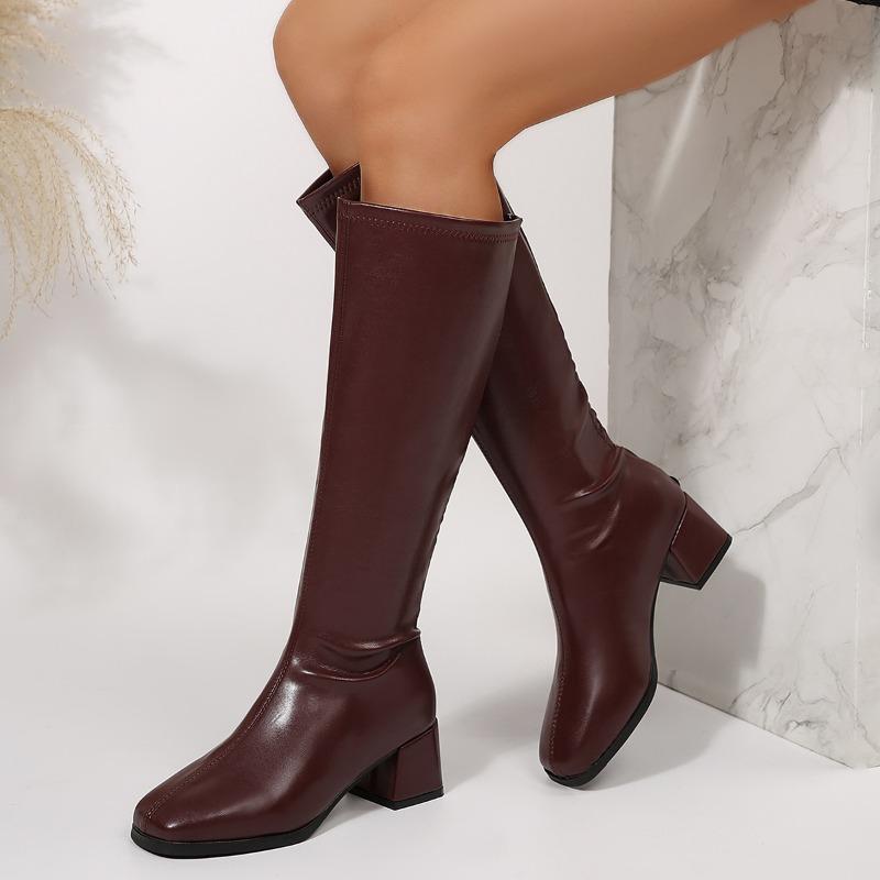 Winter Women Knee High Boots Cosy Soft Leather Thick Heel Shoes Female Vintage Slim Long Booties