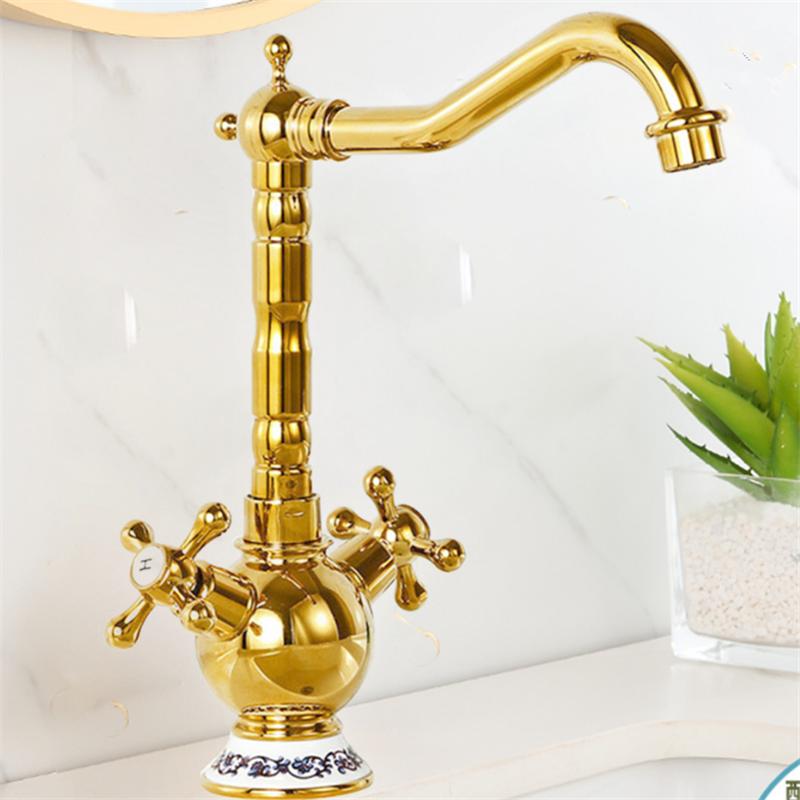 Gold Bathroom Faucet Brass Ceramic Antique Bathroom Basin Faucet Cold Hot Water Mixer Sink Tap Double Handle Deck Mounted Tap